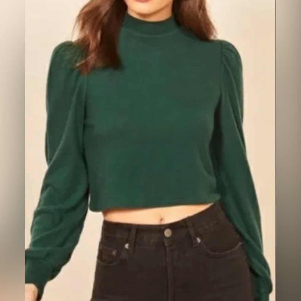 Reformation Dark Green Ribbed Mock Neck Top